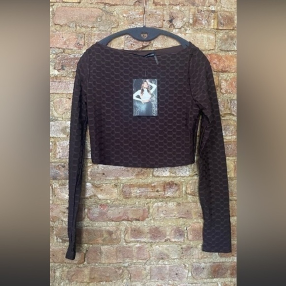 NAKED WARDROBE TEXTURED BOAT NECK LONG SLEEVE BLACK CROP TOP SHIRT
